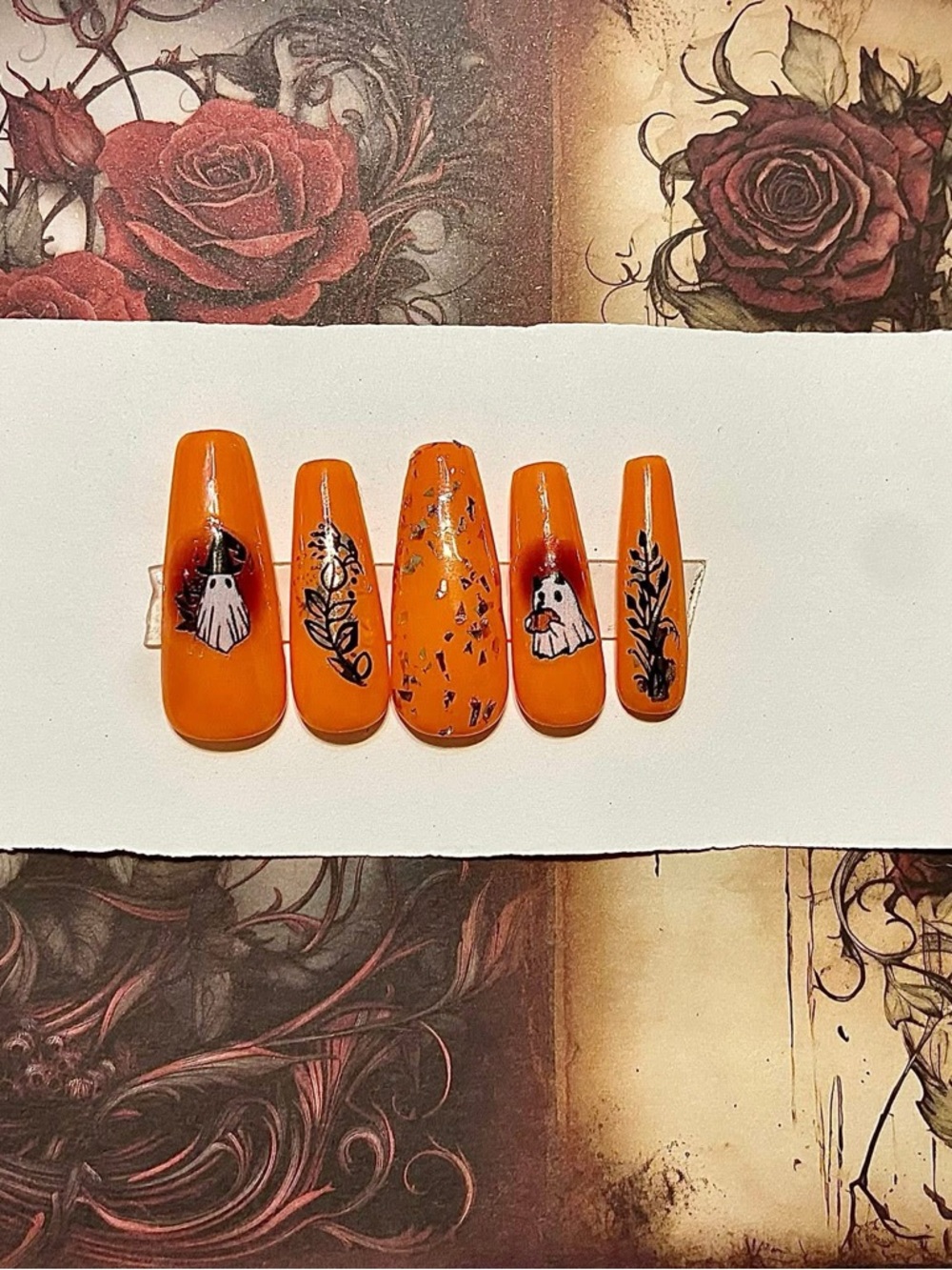 Halloween Orange Press-On Nail Set with Black Floral & Ghost Accents